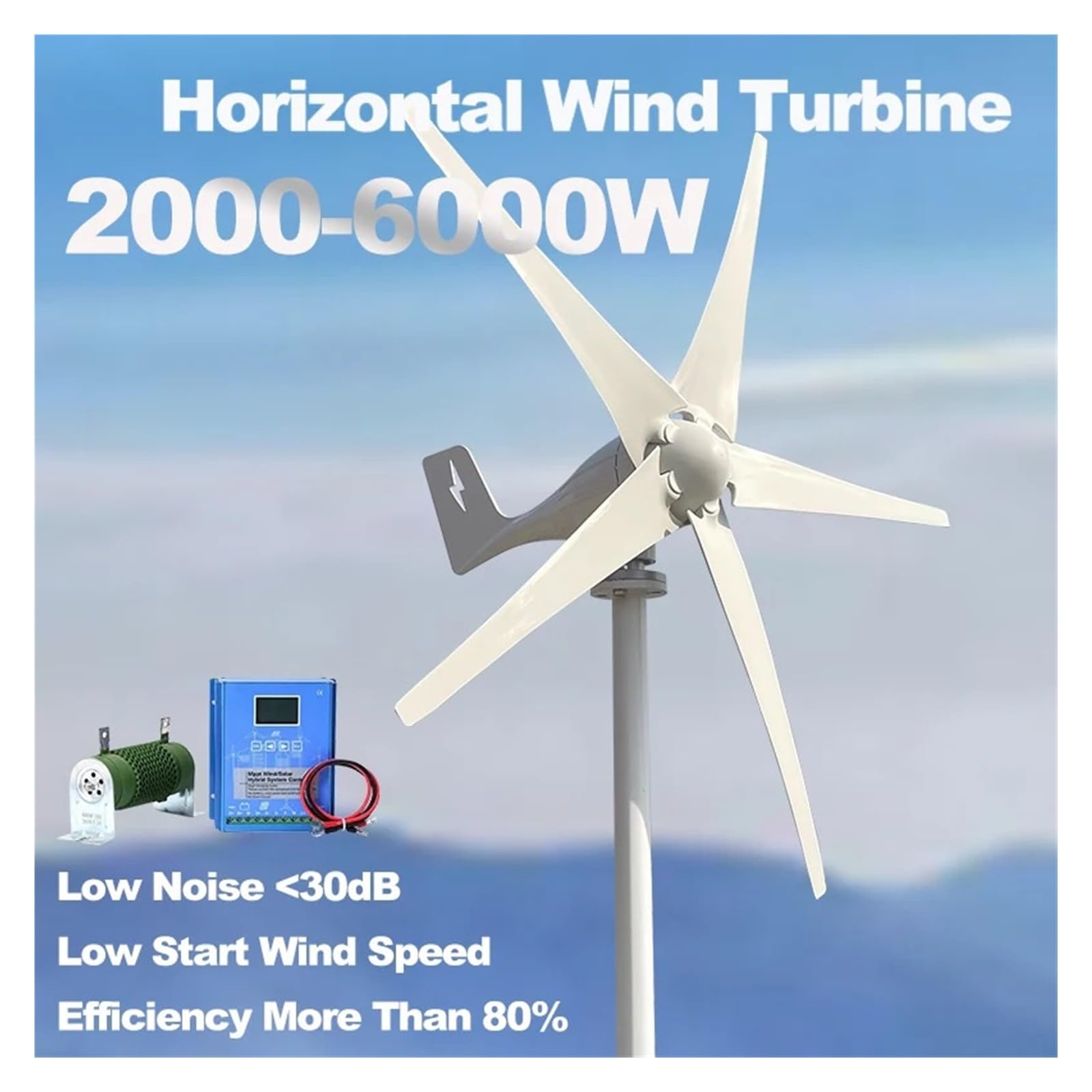 Turbine éolienne 6000W 12v 24v 48v, générateur éolien à horizontal avec contrôleur MPPT, usage domestique, 3kw, 5000W, faible vitesse du vent(Wind turbine only,48V,5000W)