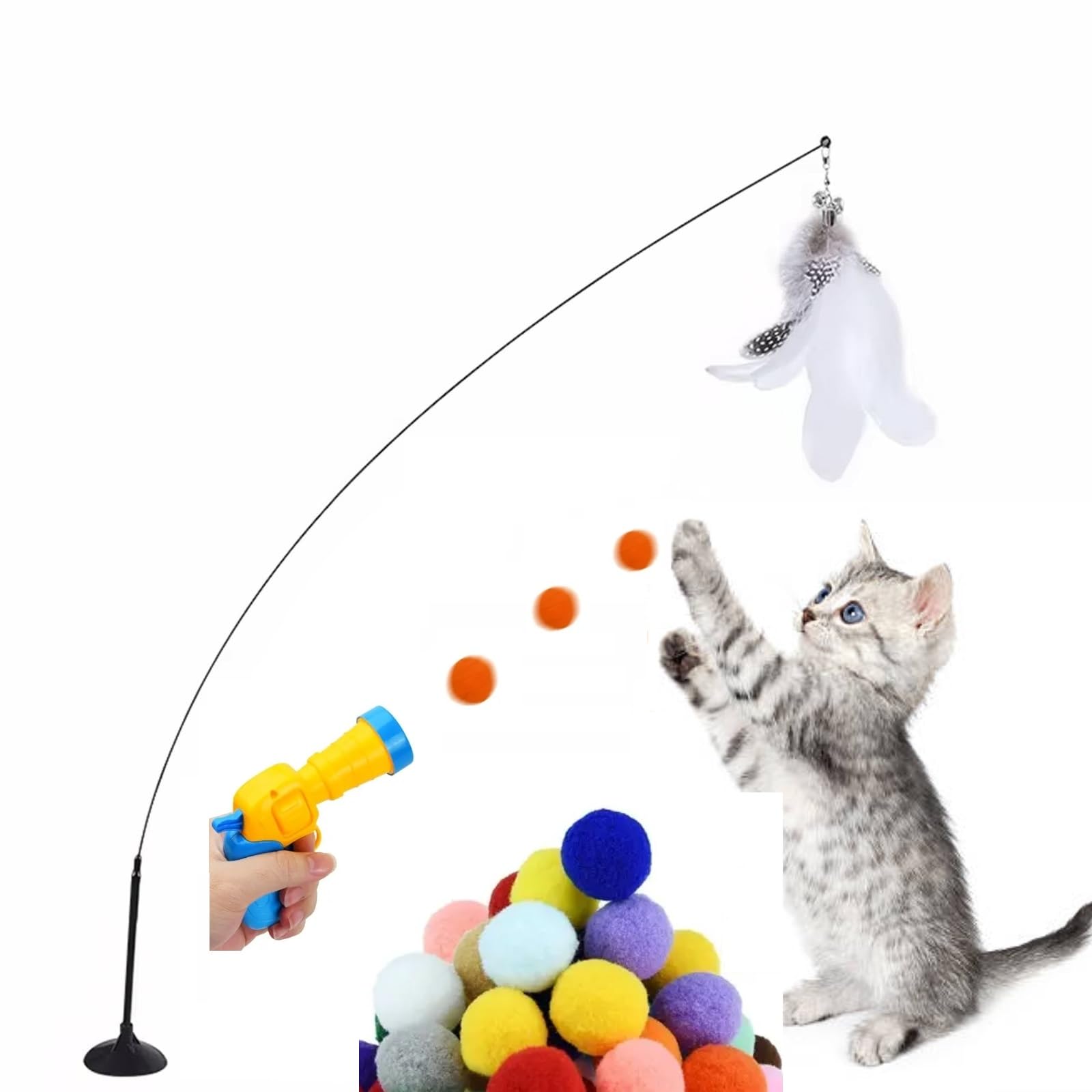 Juguete para Gatos, 2 en 1, Juguete Interactivo Pluma para Gatos, Lanzador Bolas Juguete Gato, Pistola Bolas Juguete para Gatos, Juguete Interactivo con Pluma para Gatos, Pluma juguete para Gato