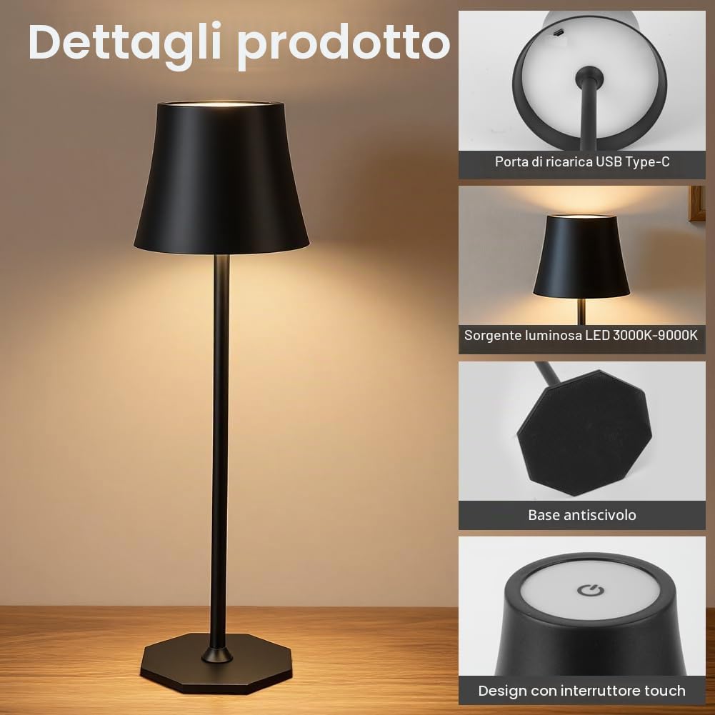 2pcs Lampada da Tavolo LED Senza Fili, 3 modalità Colore,Nero | Lampada da Tavolo Ricaricabile e Senza Fili con Controllo Touch, Altezza Regolabile, Lampada da Comodino, Lampada da Lettura