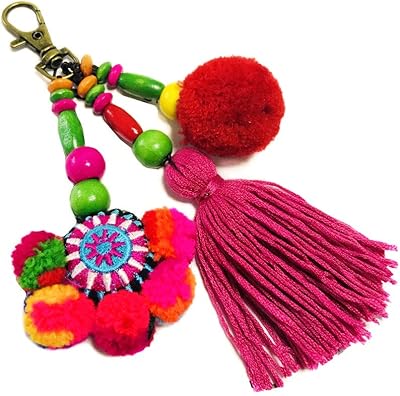 QTMY Cute Pom Pom Tassel Boho Bag Charm Pendant Keyring Keychain for Women Purse Handbag Decor