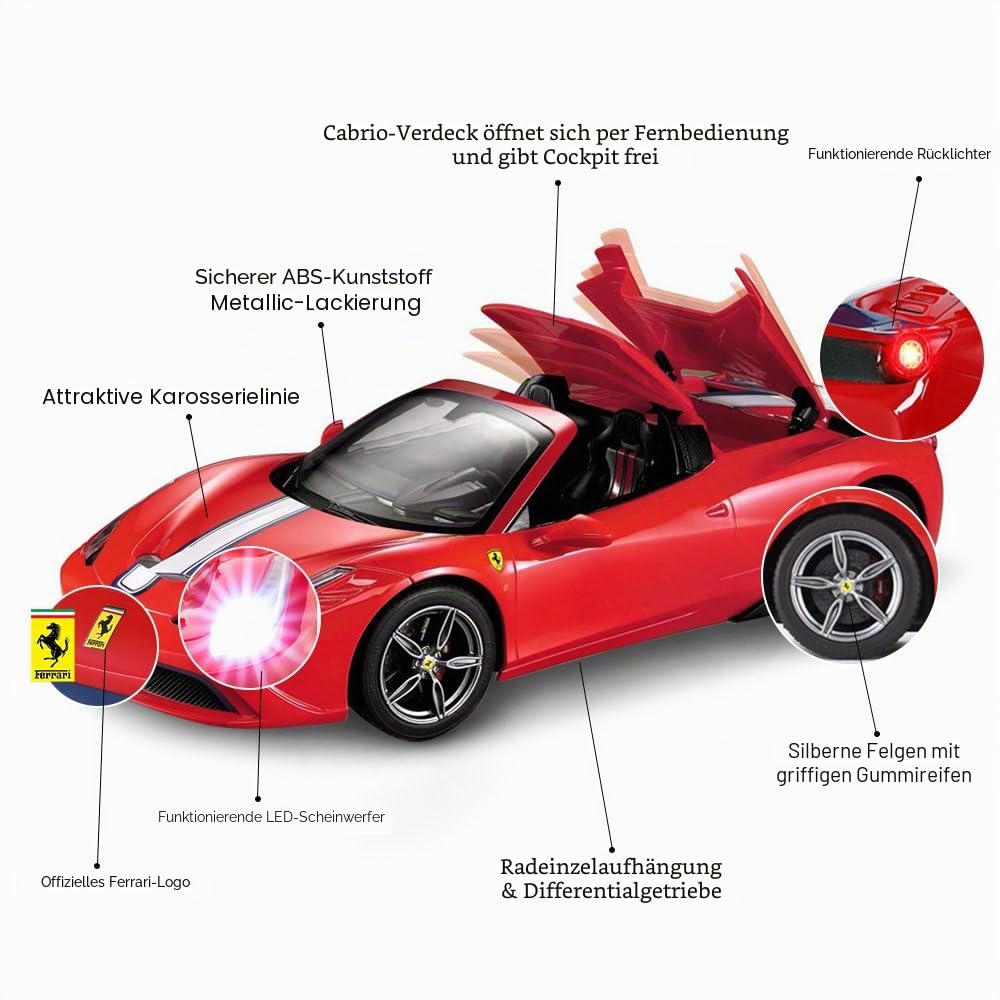 Rastar Ferrari ferngesteuertes Auto, 1 : 14 Ferrari 458, Special A, rotes Spielzeugauto – Cabrio, automatisches Öffnen/Schließen