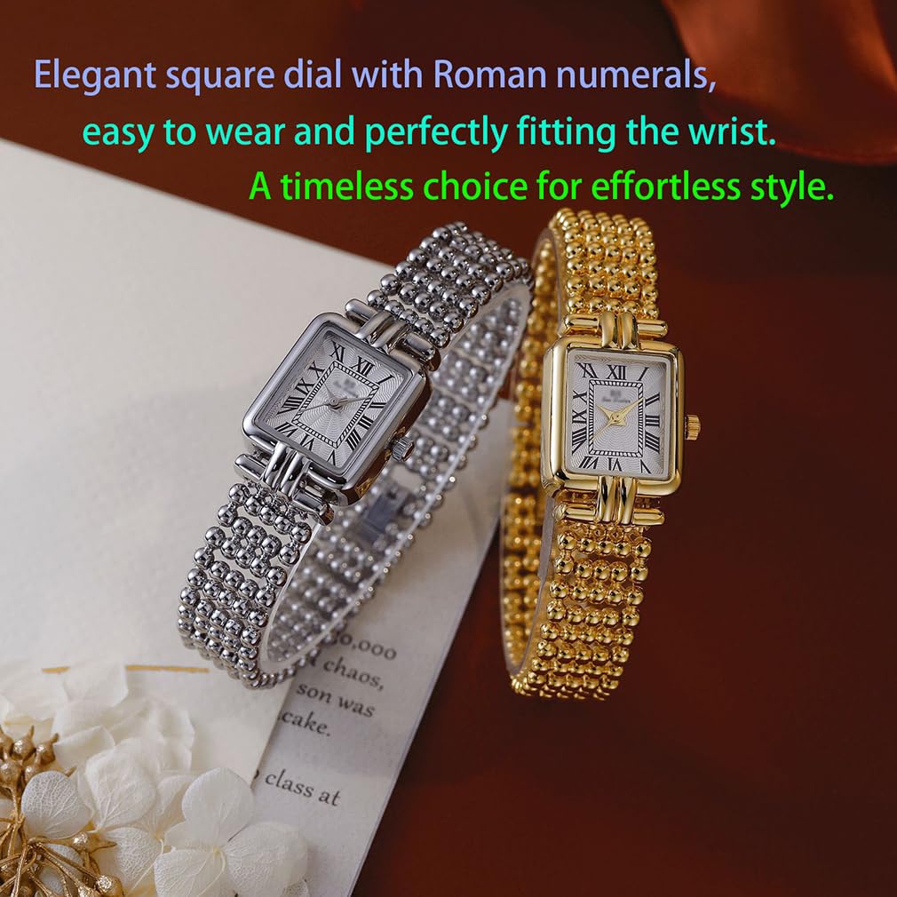 Reloj de pulsera vintage con números romanos para mujer, con opciones doradas o plateadas, esfera cuadrada, resistente al agua hasta 30 m, elegante regalo de joyería