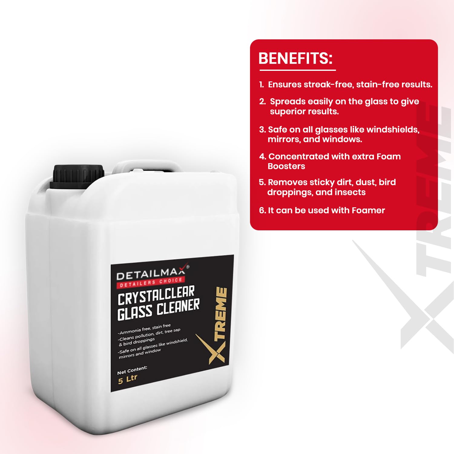 DETAILMAX XTREME Glass Cleaner Concentrate | Streak-Free Shine | Dilutes 100ml per 1L Water | Professional-Grade Glass & Windshield Cleaning Solution for Car, Bike, Home & Office Use (5 Ltr) 3