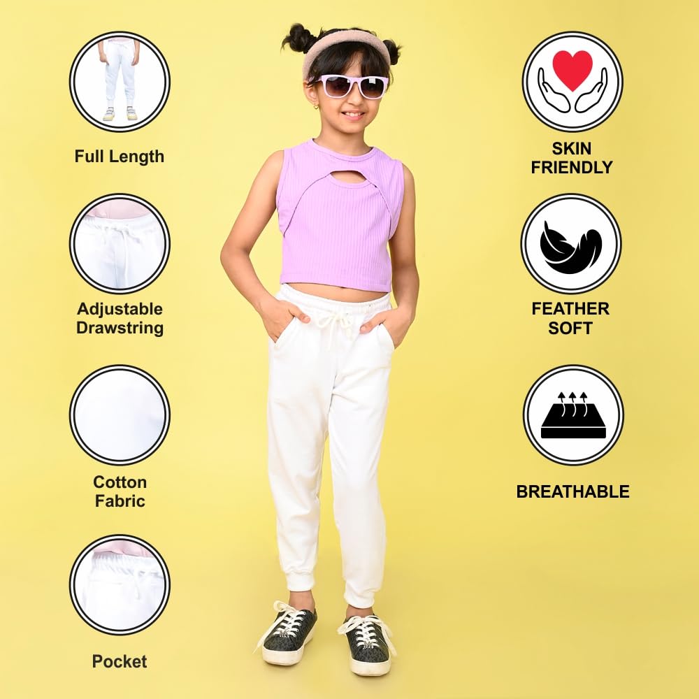Nusyl Girl's Solid White Cotton Blend Lounge Wear Straight Fit Trackpants with Side Pockets | Girl's Ankle Length Regular Fit Winter Jogger Track Pants - Image 5 thumbnail