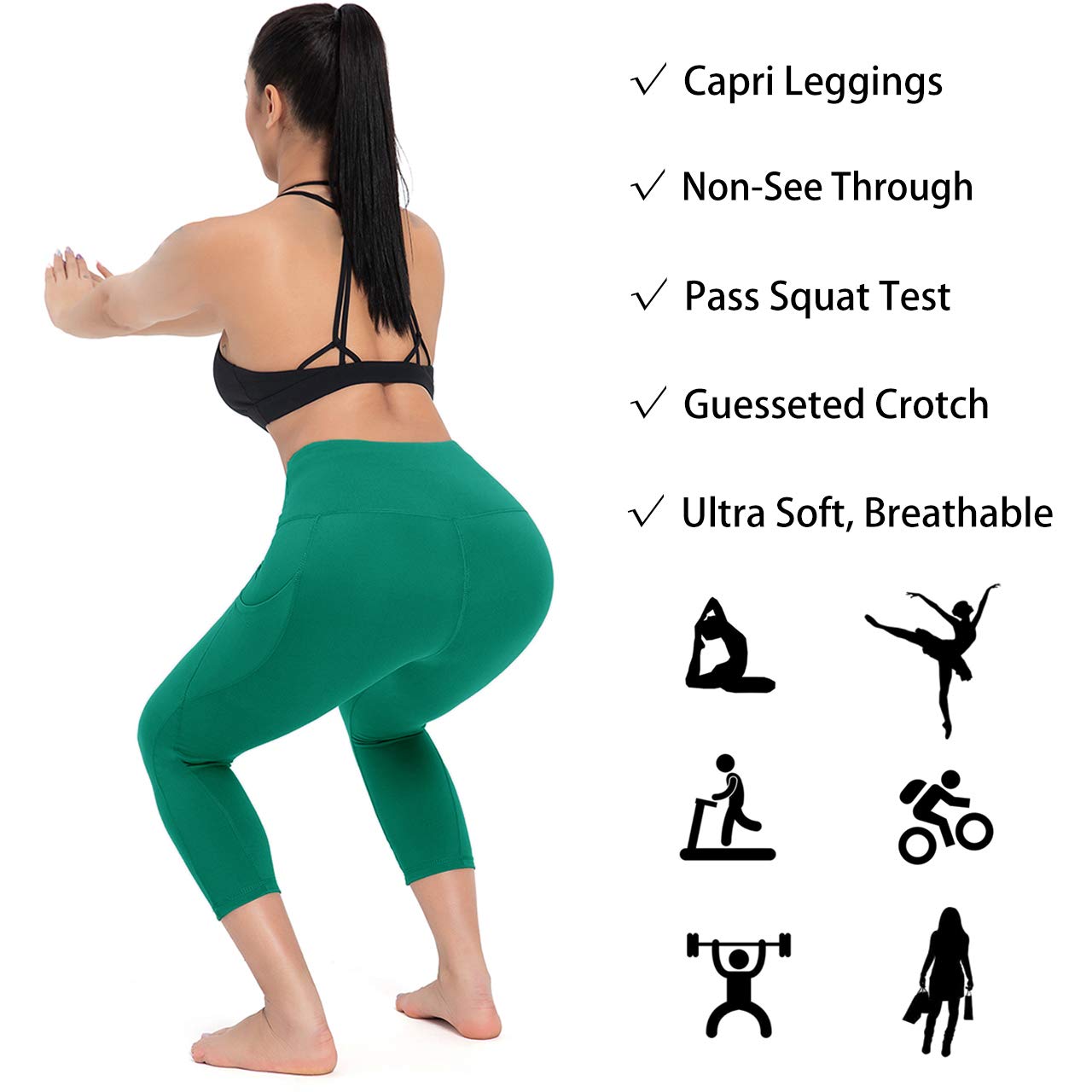 HIGHDAYS Legginsy dla kobiet – legginsy treningowe z wysokim stanem, kontrola brzucha, nieprzejrzyste, wąskie, miękkie spodnie do jazdy na rowerze, jogi, biegania, ZIELONY, M
