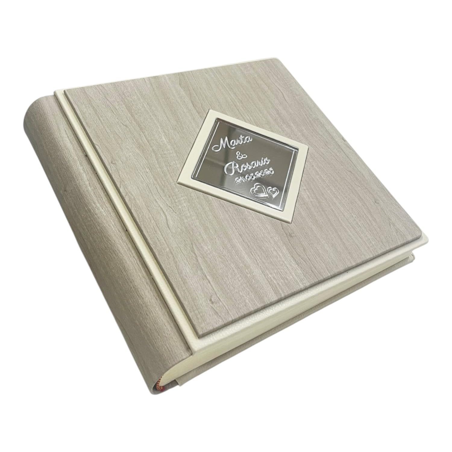 Album Fotografico Artigianale -Zenith Onda- in ecopelle effetto legno con profili a contrasto, Rombo centrale a specchio Personalizzabile, Matrimonio,Anniversario,Comunione,Eventi (Ghiaccio)