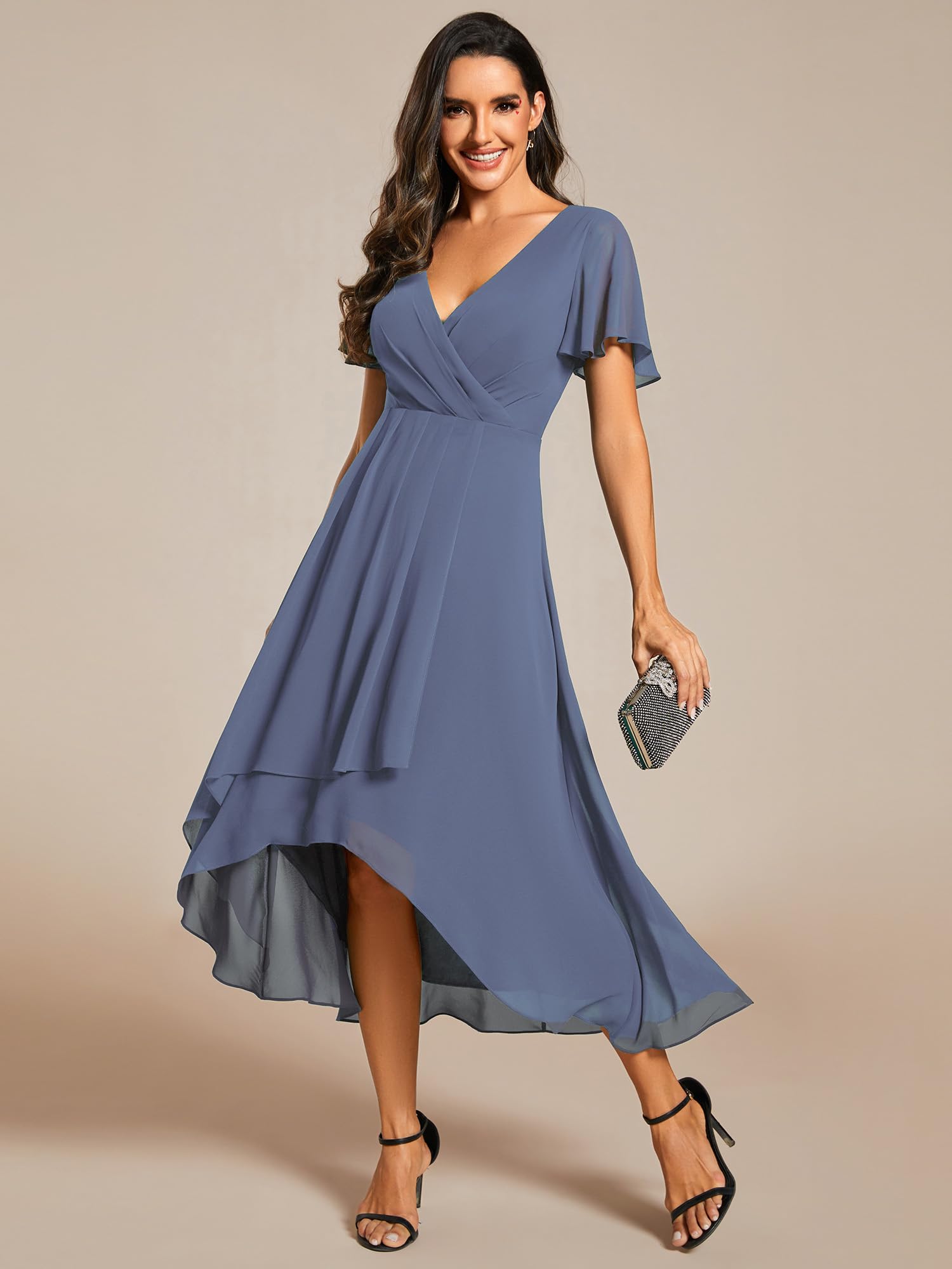 Ever-Pretty Abito da Ospite Scollo A V Maniche A Volant Gonna A Trapezio Abiti Cerimonia Donna Eleganti EG02084