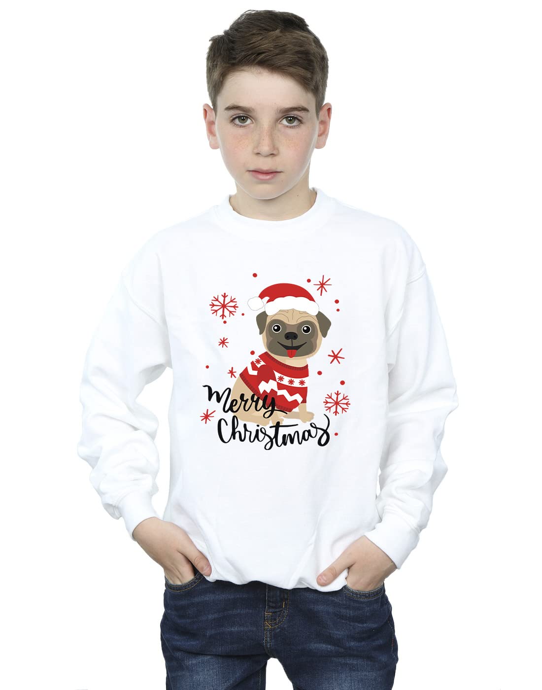 Absolute Cult Christmas Boys Pets Christmas Pug Merry Christmas Sweatshirt White 12-13 years