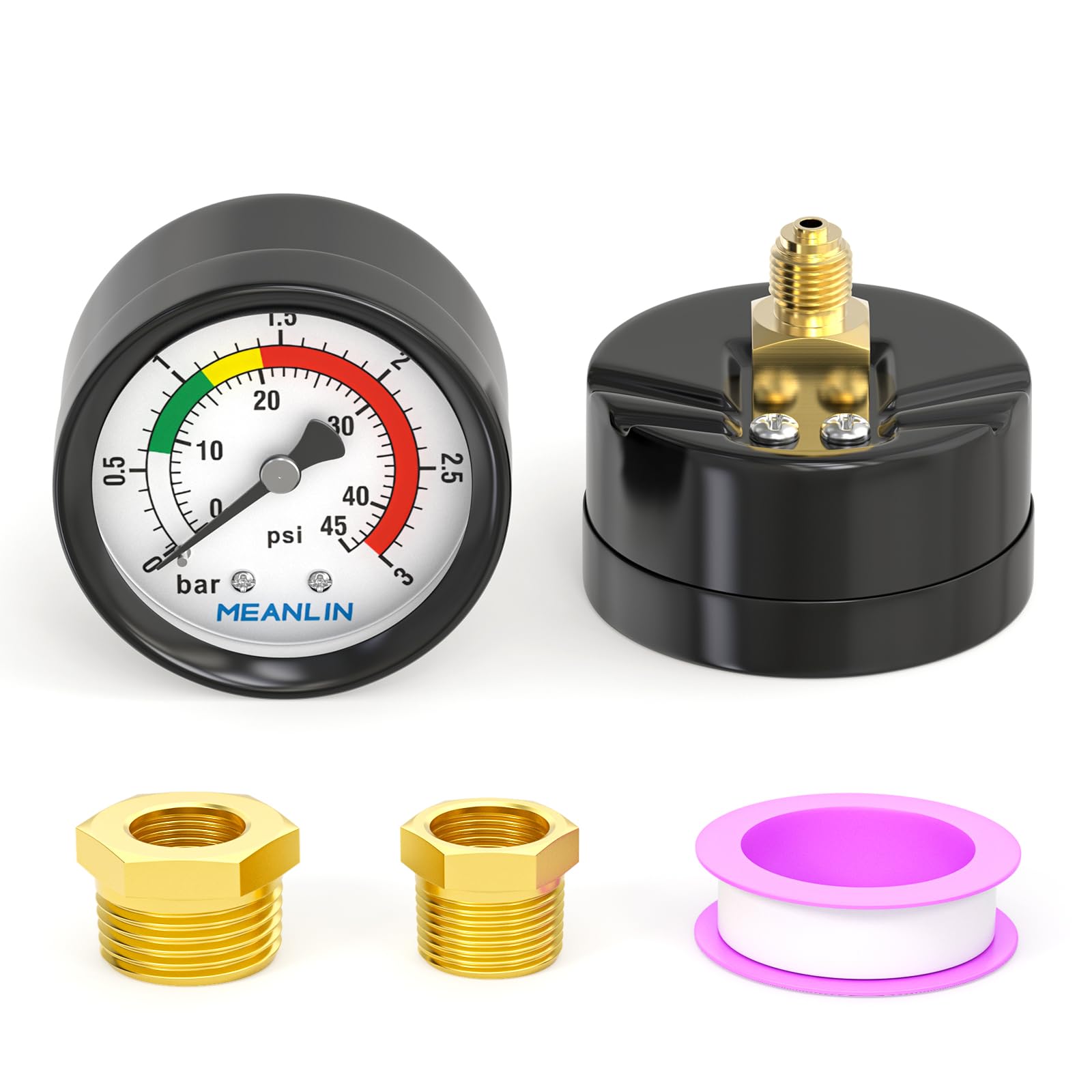 MEANLIN MEASURE 0~3Bar/0~40Psi Manomètre pour piscine,1/8"BSP 2" FACE DIAL pour piscines, spas, bassins à poissons,avec douille hexagonale 1/4" BSP et 3/8" BSP,Montage arrière