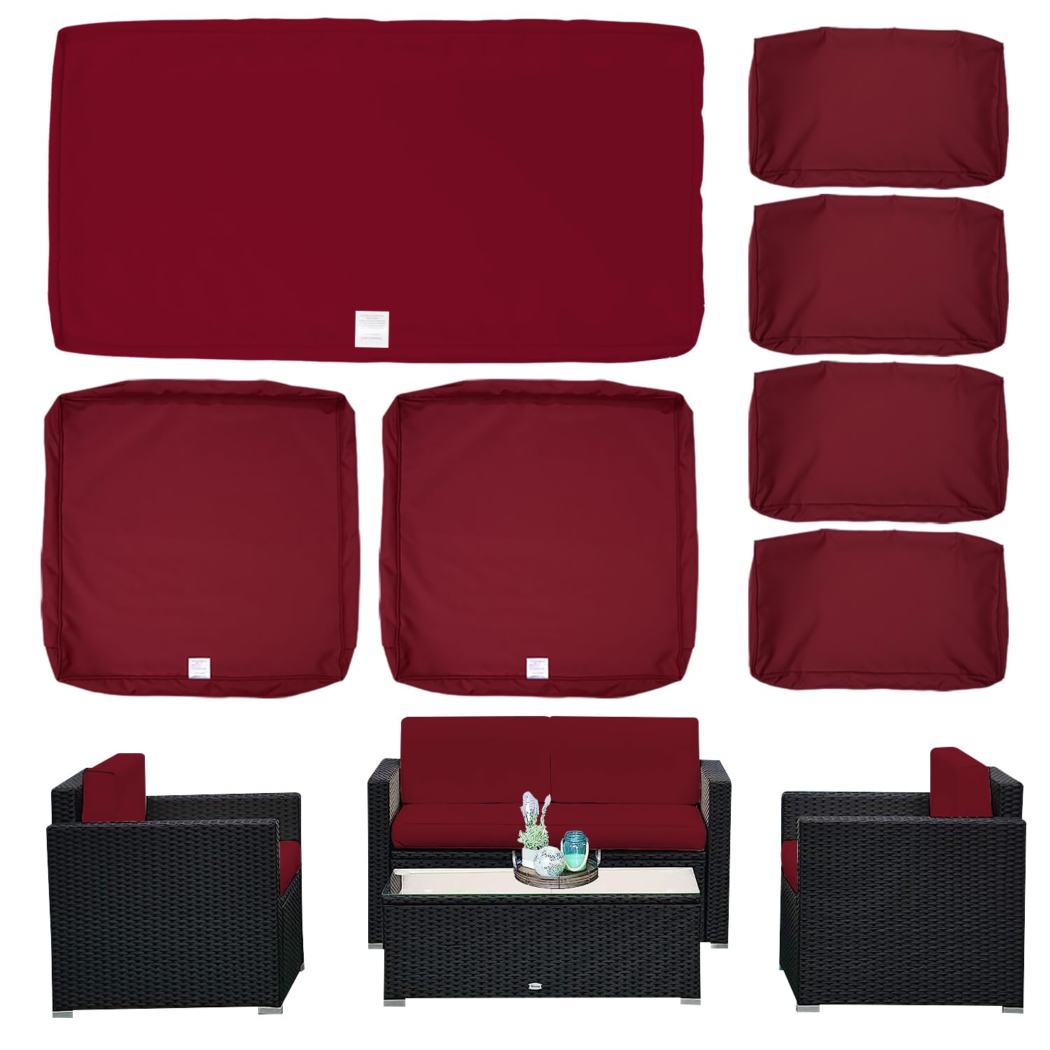 ClawsCover 7Pack Outdoor Seat Back Cushions Replacement Covers Fit for 4-Seater 4Pieces Wicker Rattan Patio Furniture Conversation Set Sectional Couch Loveseat Chair,Burgundy-Include Cover Only