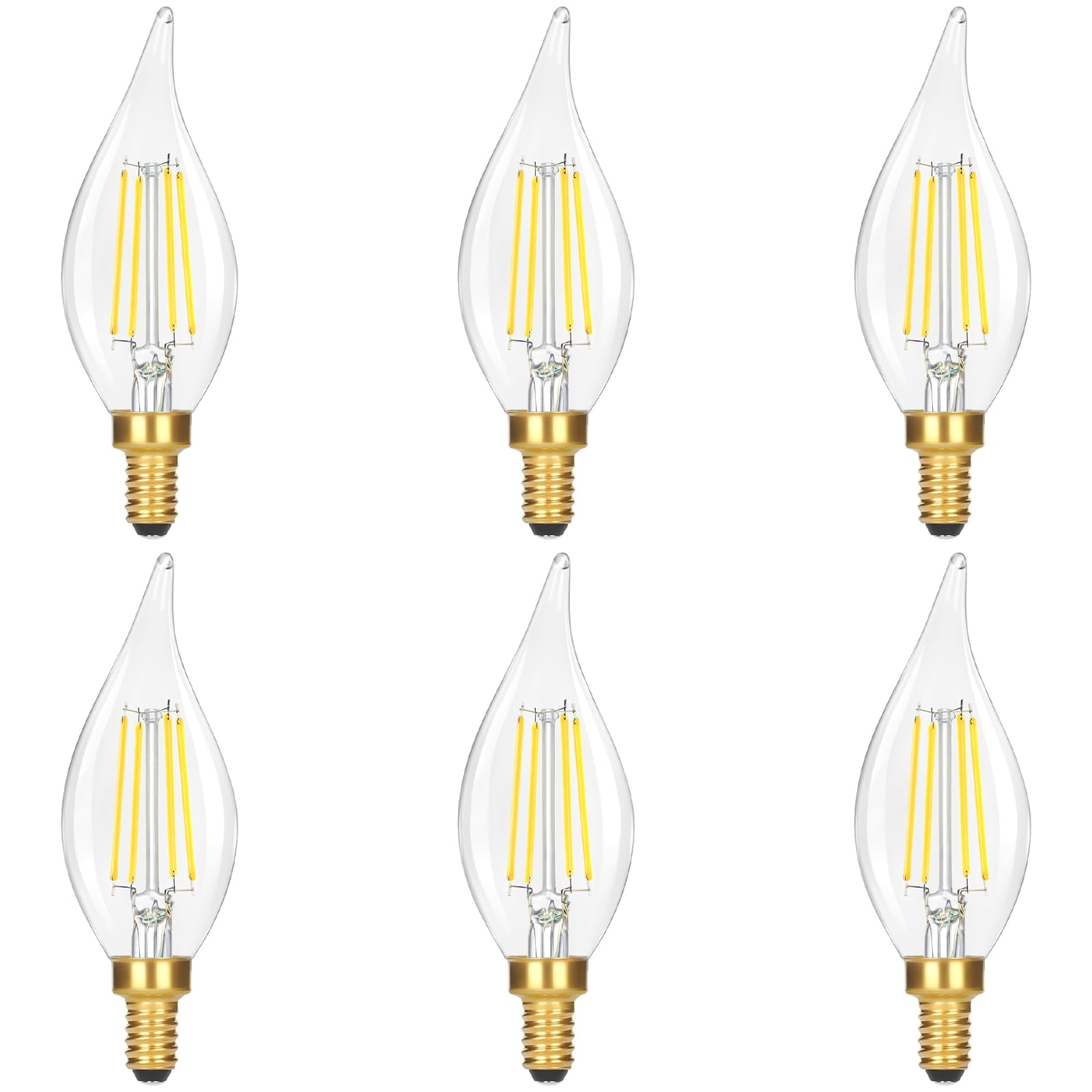 Dimmable E12 Candelabra Bulb 60 watt, 6W 630 LM Dimmable E12 LED Bulb 5000K Daylight White, Vintage Flame Tip LED Chandelier Light Bulbs, 6-Pack