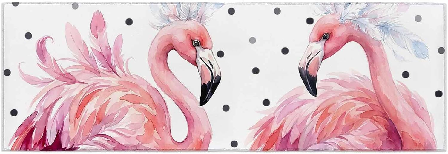 Kitchen Mats for Floor Farmhouse Flamingo Polka Dot Washable Non Slip Kitchen Rugs 1PCS, Pink Animal Feather Close-up Art Absorbent Standing Mats for Sink Bathroom Office Living Room 23.6x70.9in