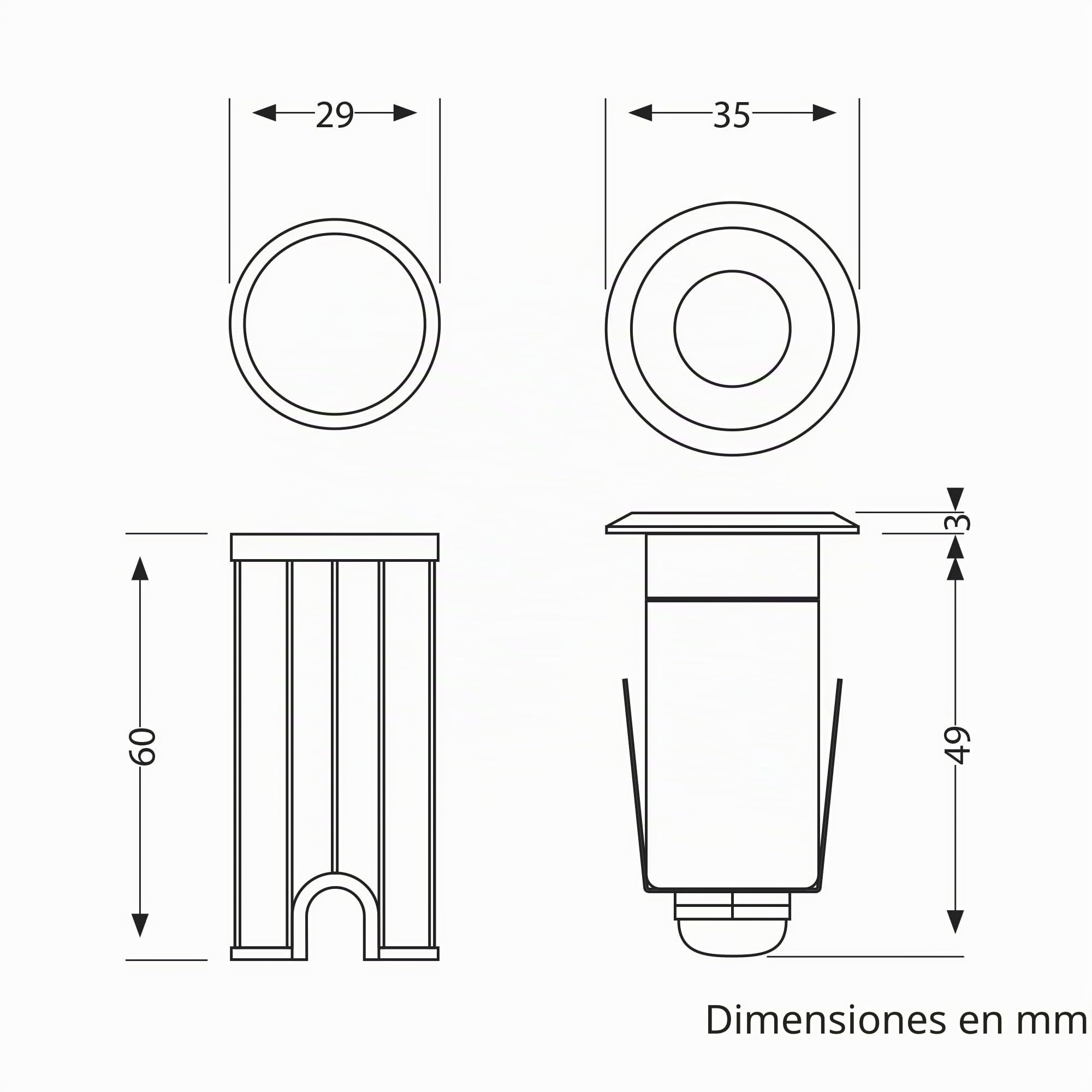 ledscom.de Luminaria empotrable en suelo GLOX de 8 LED para exteriores, IP67, aluminio, redonda, 35 mm de diámetro, blanco cálido, mate