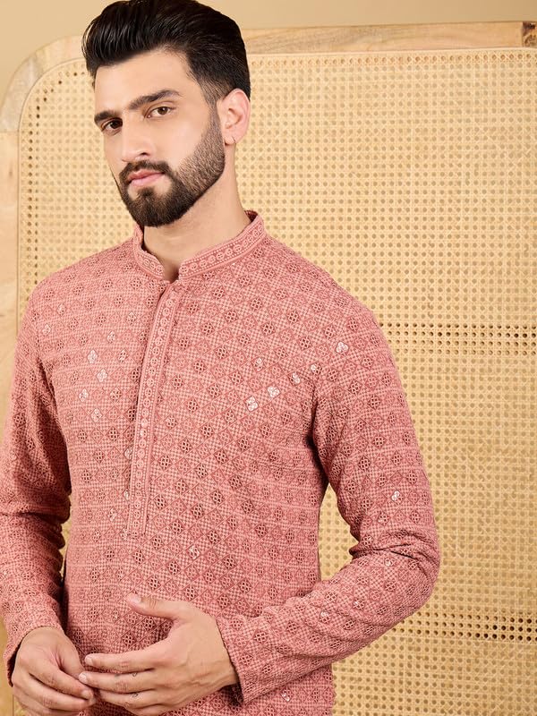 Image of Men's Solid Embroidered Long Straight Kurta | Men's Kurta | Embroidered Chikankari Kurta for Men | Straight Fit Kurta for Men