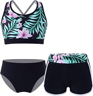 Big Girls Floral Racer Crop Top with Bottoms Boardshorts Athletic 3 Pcs Bikini Swimsuit Sets