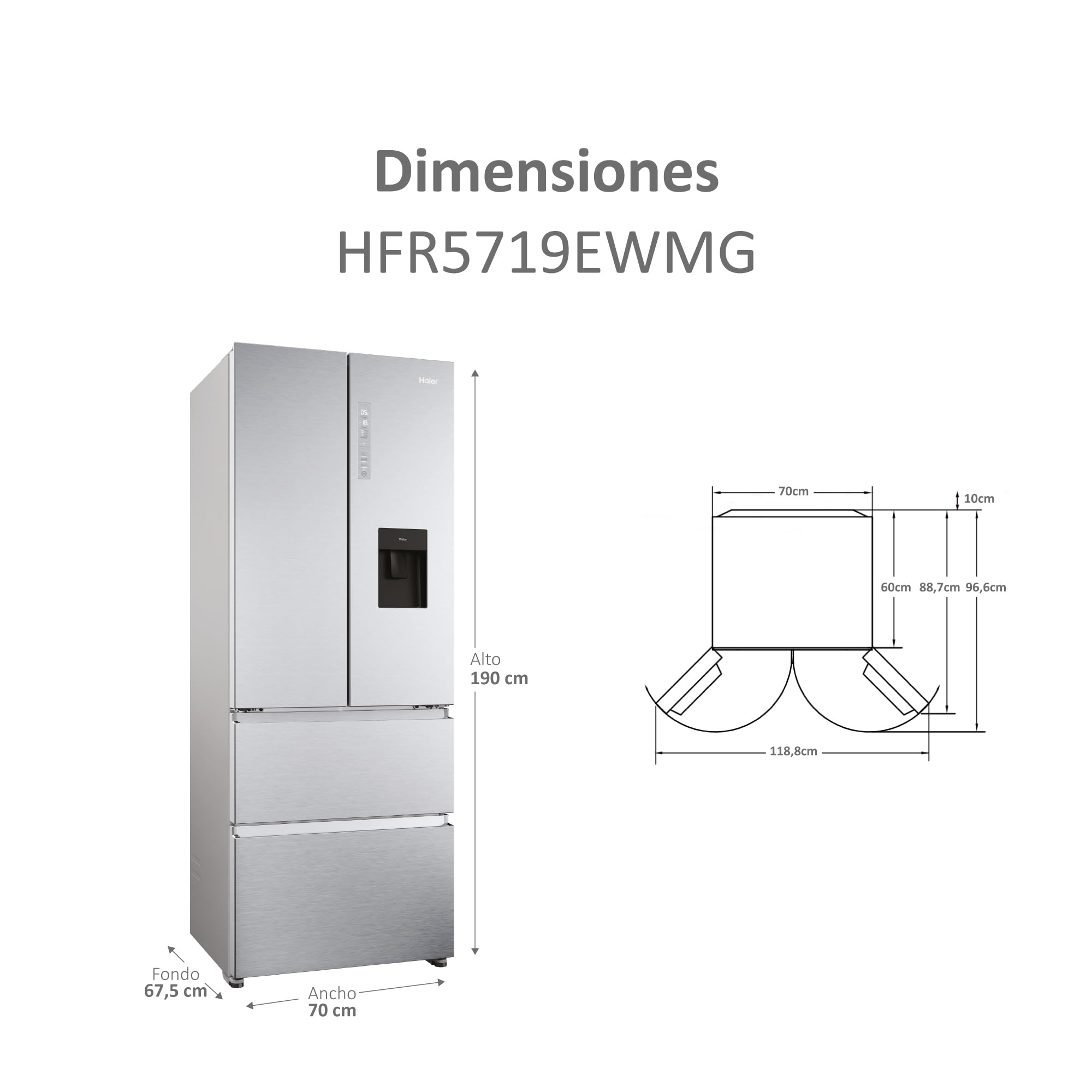 Haier French Door HFR5719EWMG Réfrigérateur/Congélateur/Total No Frost/Easy Access Tiroirs de congélation économise jusqu'à 30% d'énergie / 70 cm de large/MyZonePlus Distributeur d'eau avec