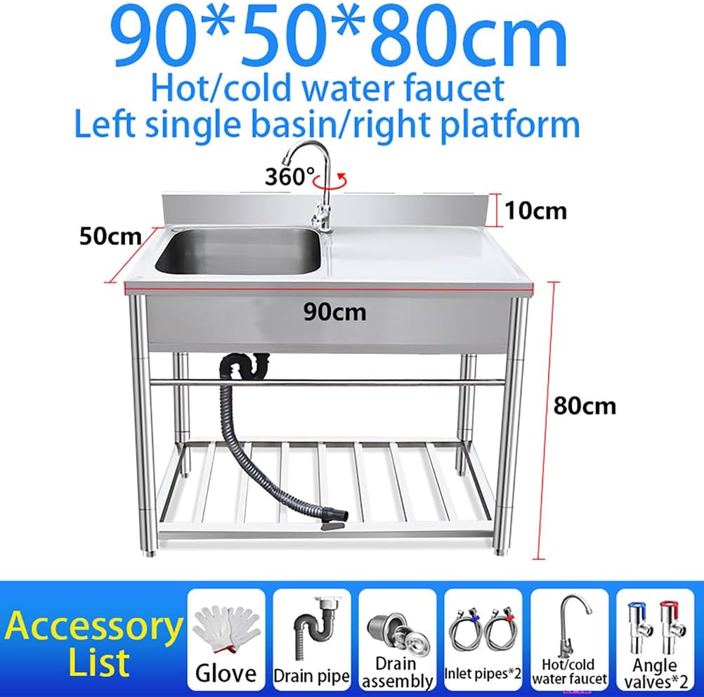 31.5-39.37In Freestanding Utility Sink,Outdoor Stainless Steel Kitchen Sink,with Workbench,Hot And Cold Water Faucet,for Laundry Room Farmhouse Indoor And Outdoor,Silver,90 * 50 * 80cm