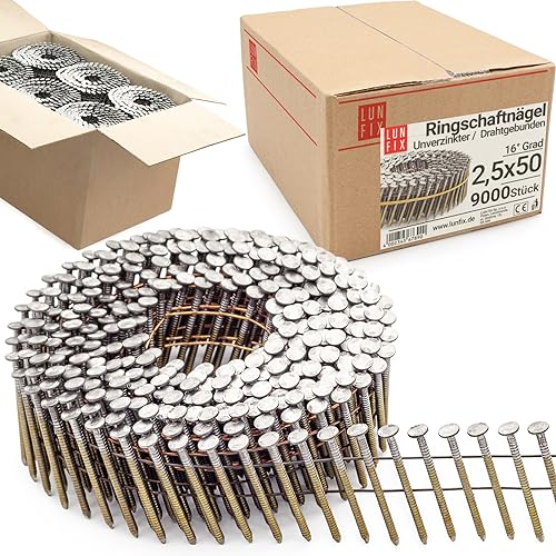 LUN FIX Clavos en bobina con vástago anillado 16° 2,5x50 mm 9000 piezas, unidos por alambre acero sin galvanizar, clavos para clavadora neumática y pistola de clavos, clavos en bobina para