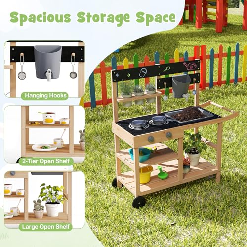 Image of HONEY JOY Mud Kitchen with Wheels, Fir Wood Outside Play Kitchen for Toddlers, Realistic Faucet & Water Tank, Stoves, Sink, Storage Shelf, Planter Cups, Mud Table for Kids Outdoor Backyard