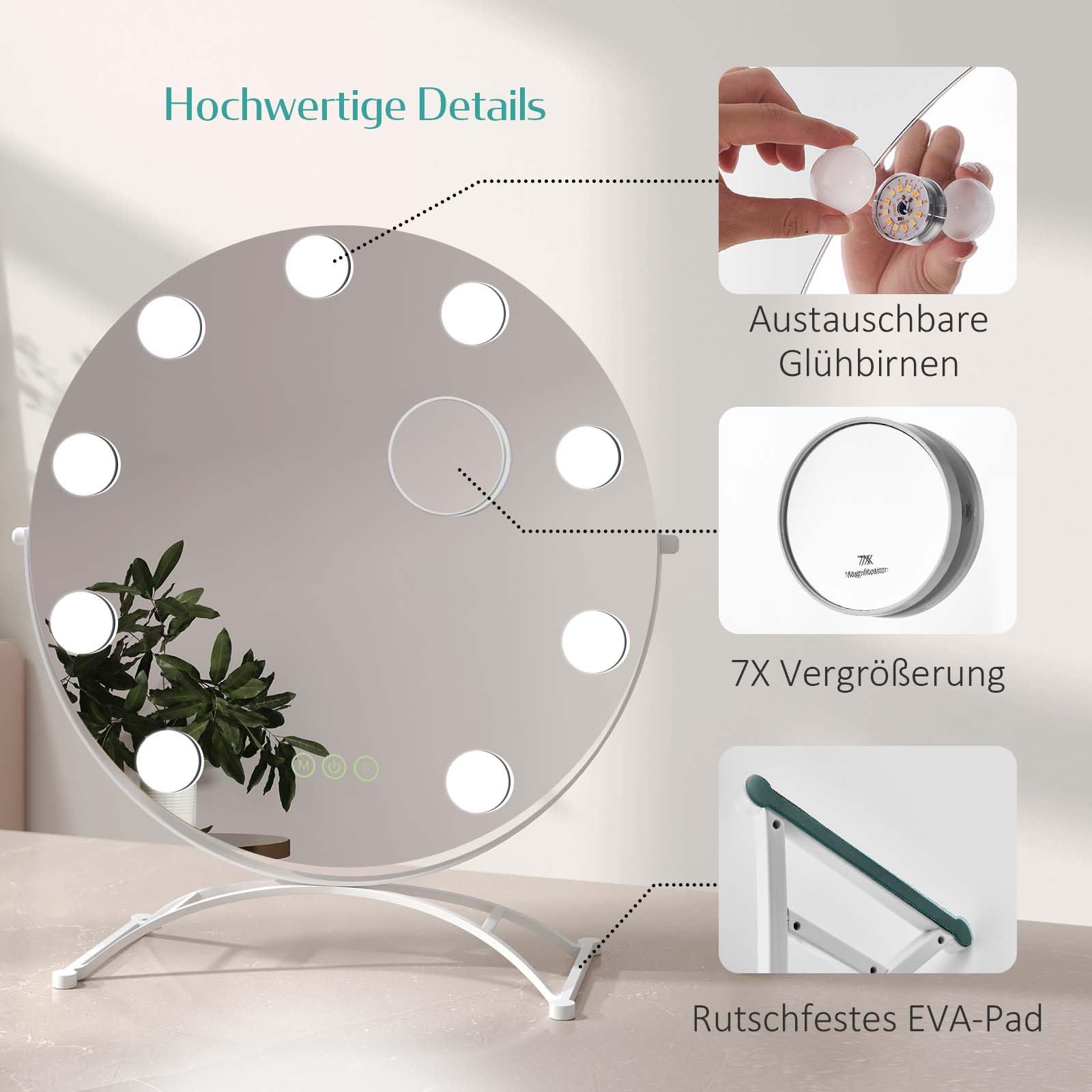 EMKE Hollywood Spiegel rund 50cm, Weiß, 3 Lichtfarben | Schminkspiegel mit Beleuchtung, 360 Grad drehbar, 9 LED Lampen, dimmbar, Speicherfunktion, Kosmetikspiegel für Schminktisch