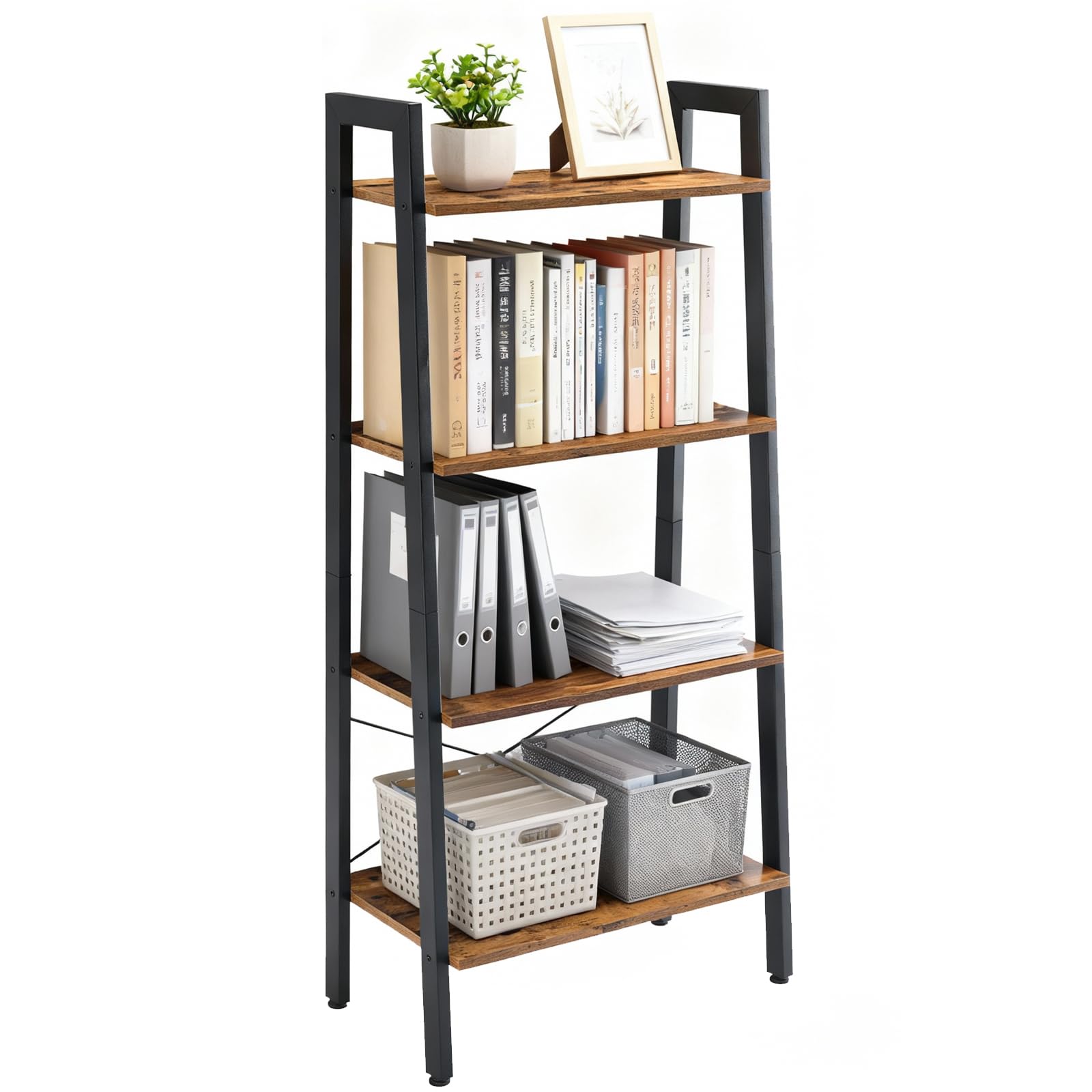 DUMOS Ladder Shelf, 4-Tier Display Bookshelf, Industrial Style Storage Standing Shelf, Decorative Shelves with Stable Frame for Living Room, Bedroom, Office, Kitchen, Bathroom, Brown
