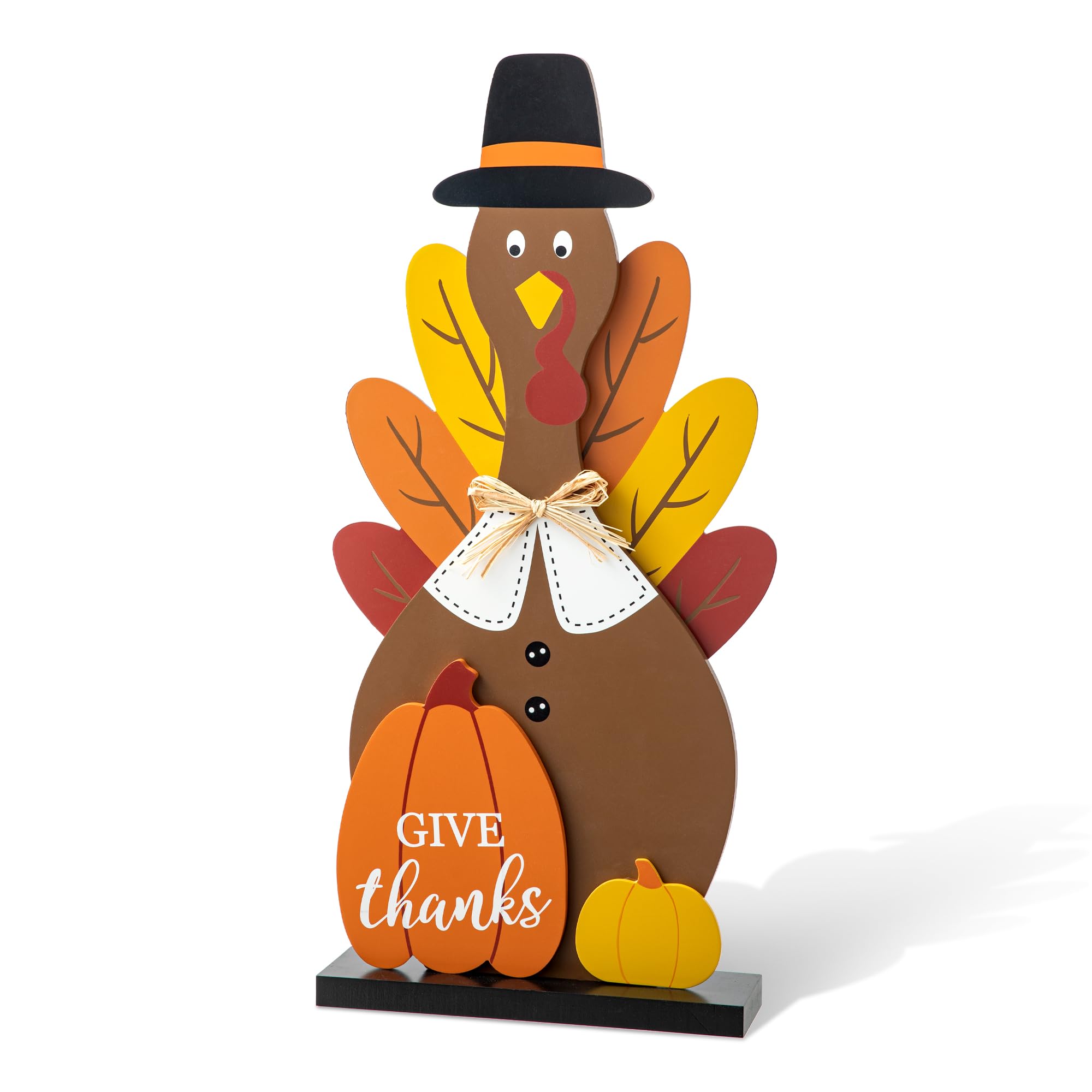 Glitzhome Decoración de porche de madera de Acción de Gracias de 31 pulgadas de alto con base de madera maciza, bonito pavo con sombrero negro, decoración de patio con calabaza para entrada al aire