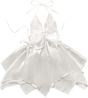 Midnight Surprise Butterfly Lace Lingerie Babydoll – White Sheer Halter Nightdress with Satin Petal Skirt