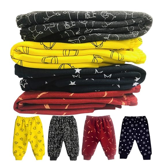 CLAP Baby Fleece Printed Winter Legging Rib Pajamas Multicolour - Combo Set of 4