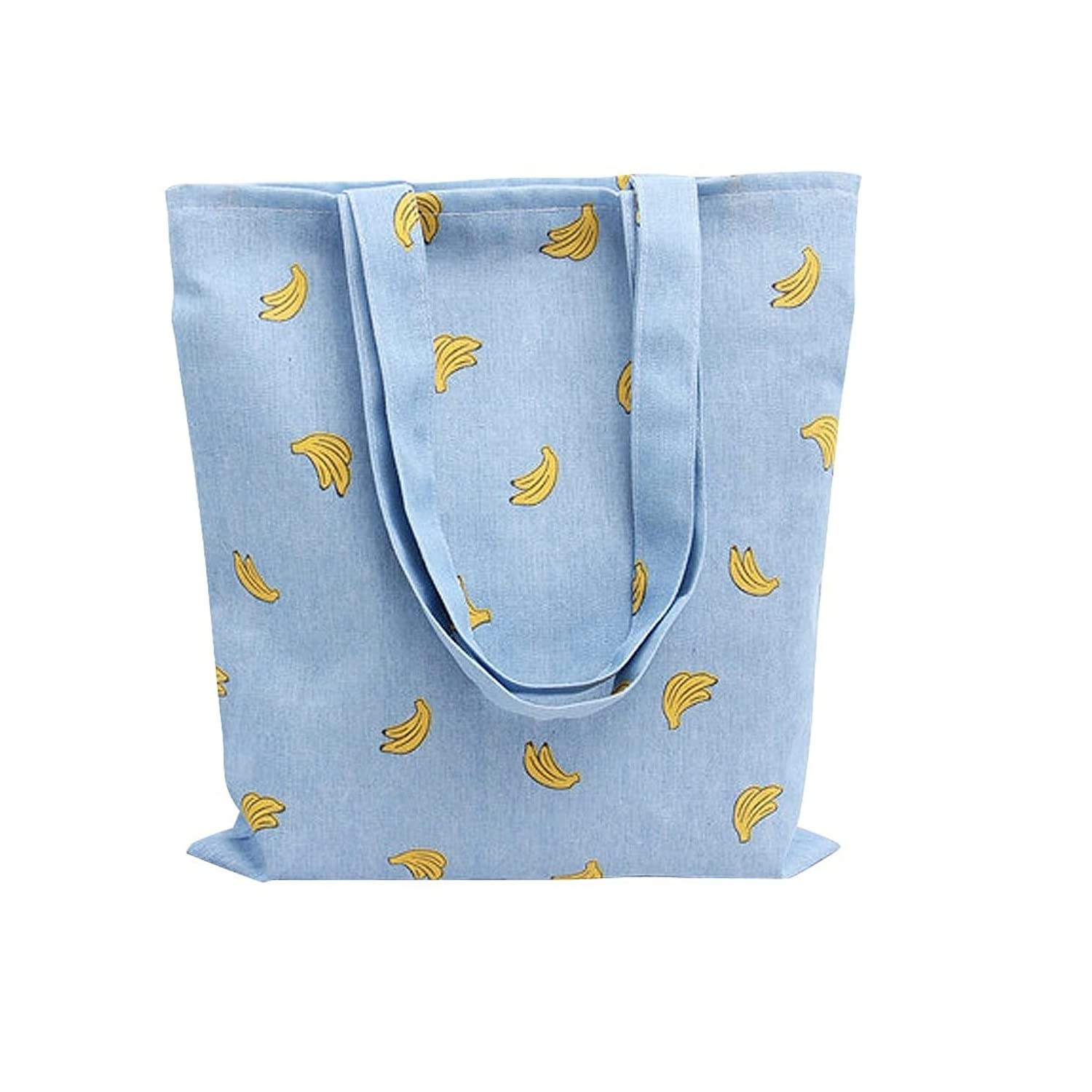 Caixia Women's Cotton Banana Print Blue Canvas Tote Shopping Bag