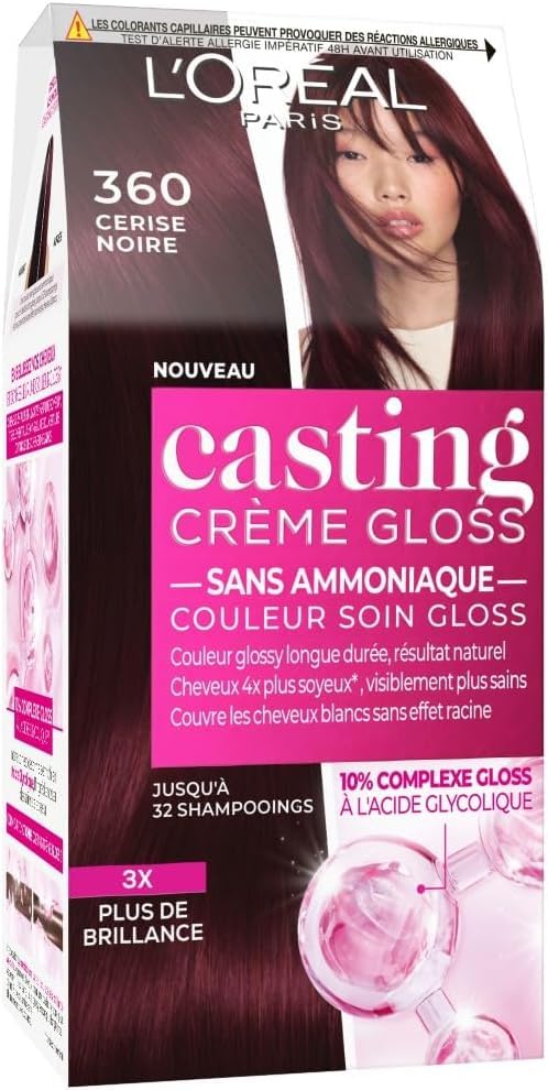 L’ORÉAL PARIS - Coloration Cheveux Semi-Permanente Ton sur Ton - Couleur Soin Gloss - Sans Ammoniaque - Casting Crème Gloss - Nuance : Cerise Noire (3.60)