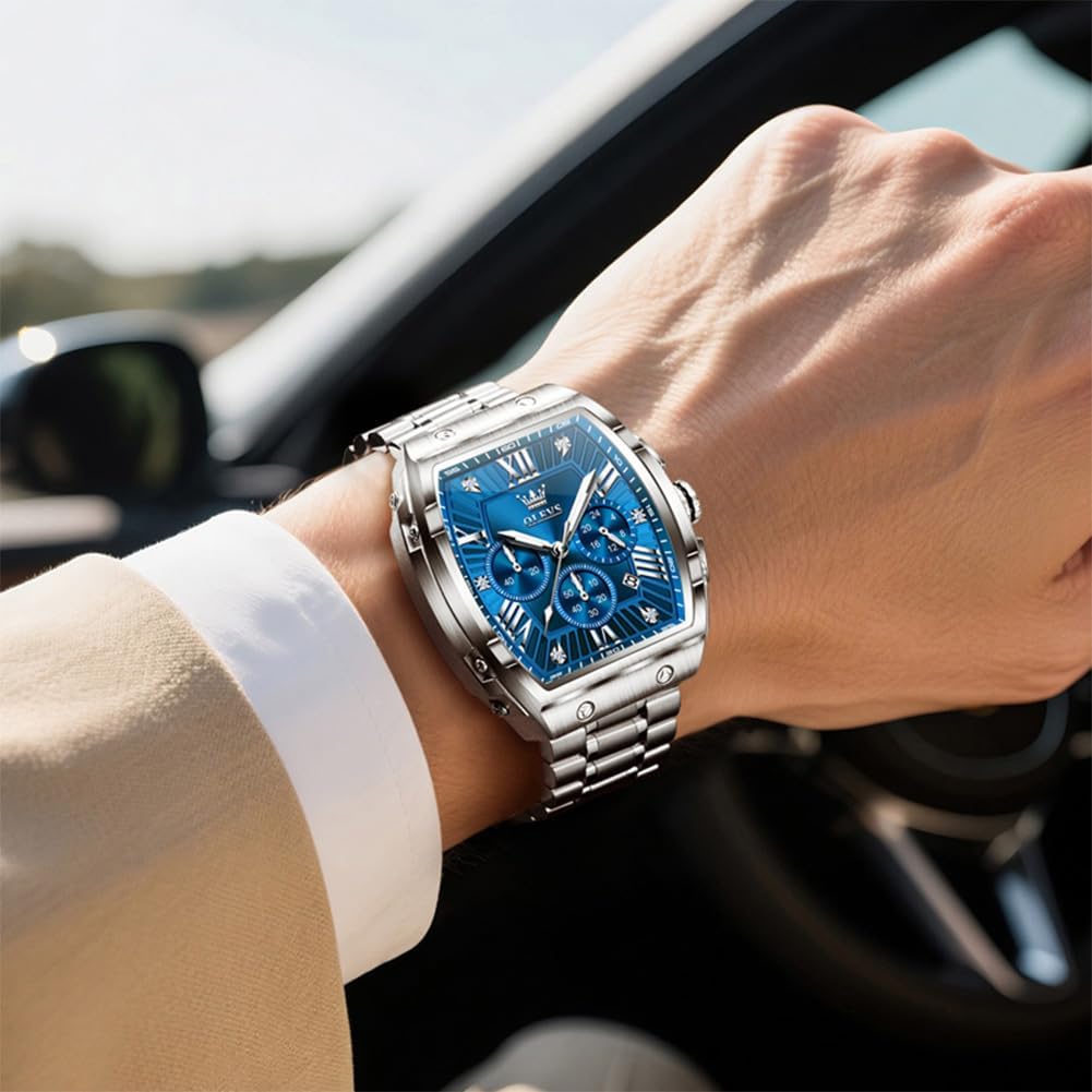 OLEVS Mens Watches Analog Quartz Chronograph Square Dress Watch for Man Stainless Steel or Leather Band Waterproof Luminous Date Male Watch - Image 2