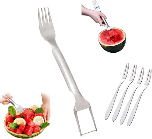 Tenedor de sandía de acero inoxidable 2 en 1 cuchillo de tenedor de sandía de doble extremo para sandía de verano, tenedor de sandía con tenedor de