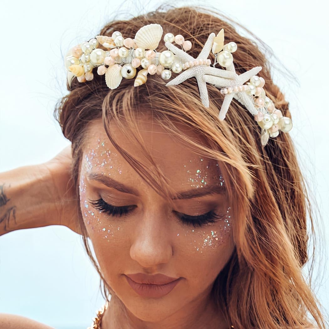 Brishow Mermaid Headband for Women Starfish Seashell Crown Beach Ocean Outfit Tiara Headpiece