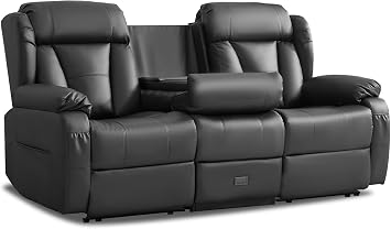 Reclining Sofa 3 Seater Recliner Couch with Console for Living Room RV | Wall Hugger Recliner Sofa with Outlets, USB A/C Ports ,Cup Holders,Drawer,Flip Backrest,Faux Leather Home Theater Seating