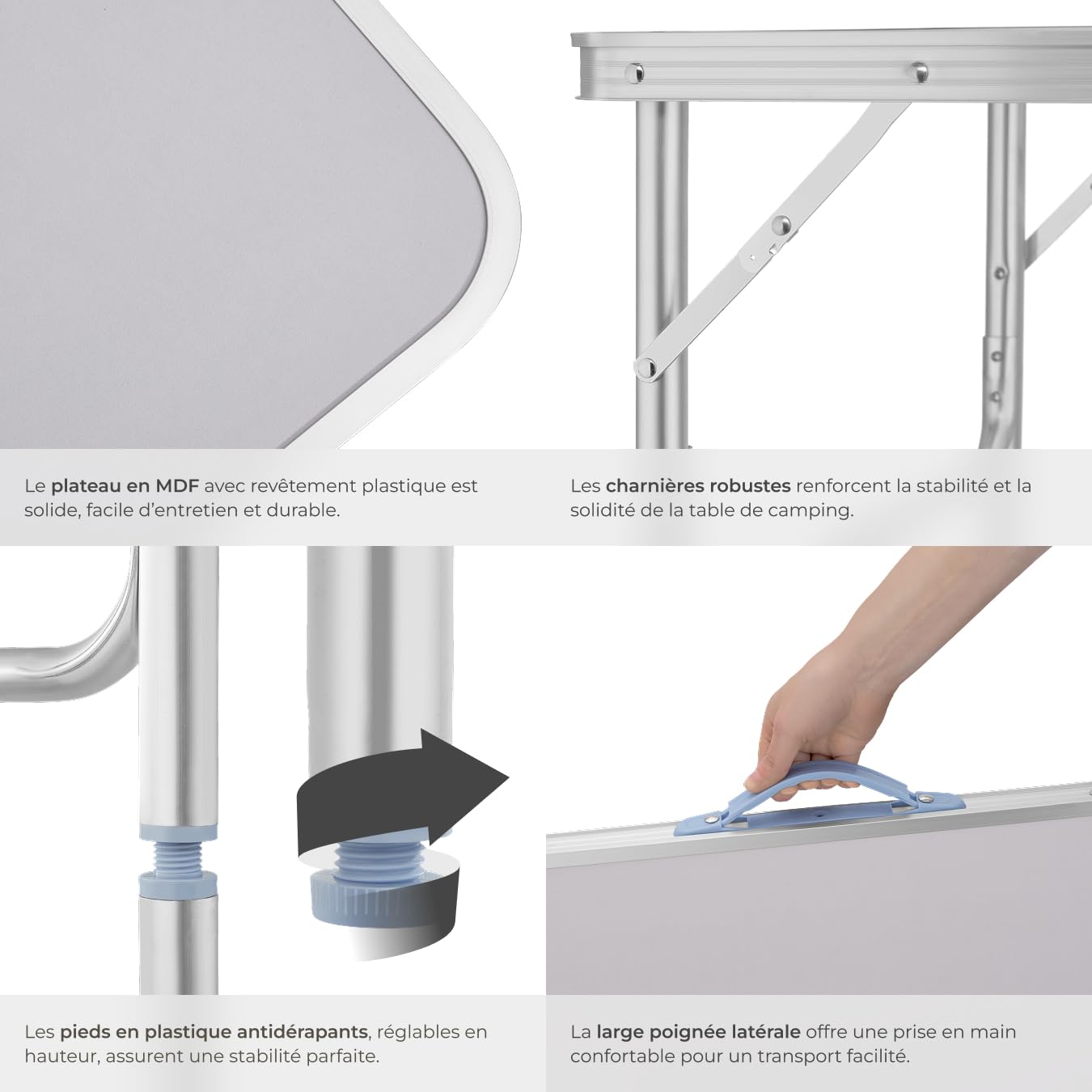 Tectake Table Pliante de Pique Nique Camping Aluminium Léger Compact Hauteur Réglable 75x55x68 cm