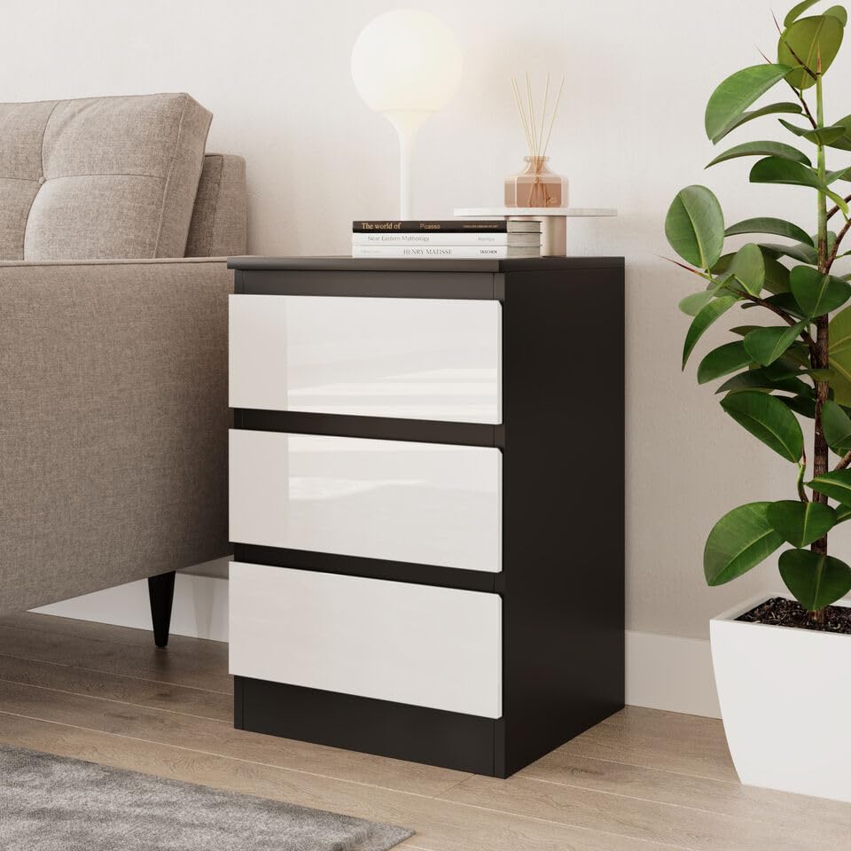 URBNLIVING 62cm High Gloss Bedside Chest of Drawers - 3 Drawer Bedroom Storage Cabinet with Smooth Metal Runner - Modern Dresser Bedside Table for Bedroom Living Room Office Hallway — image 1