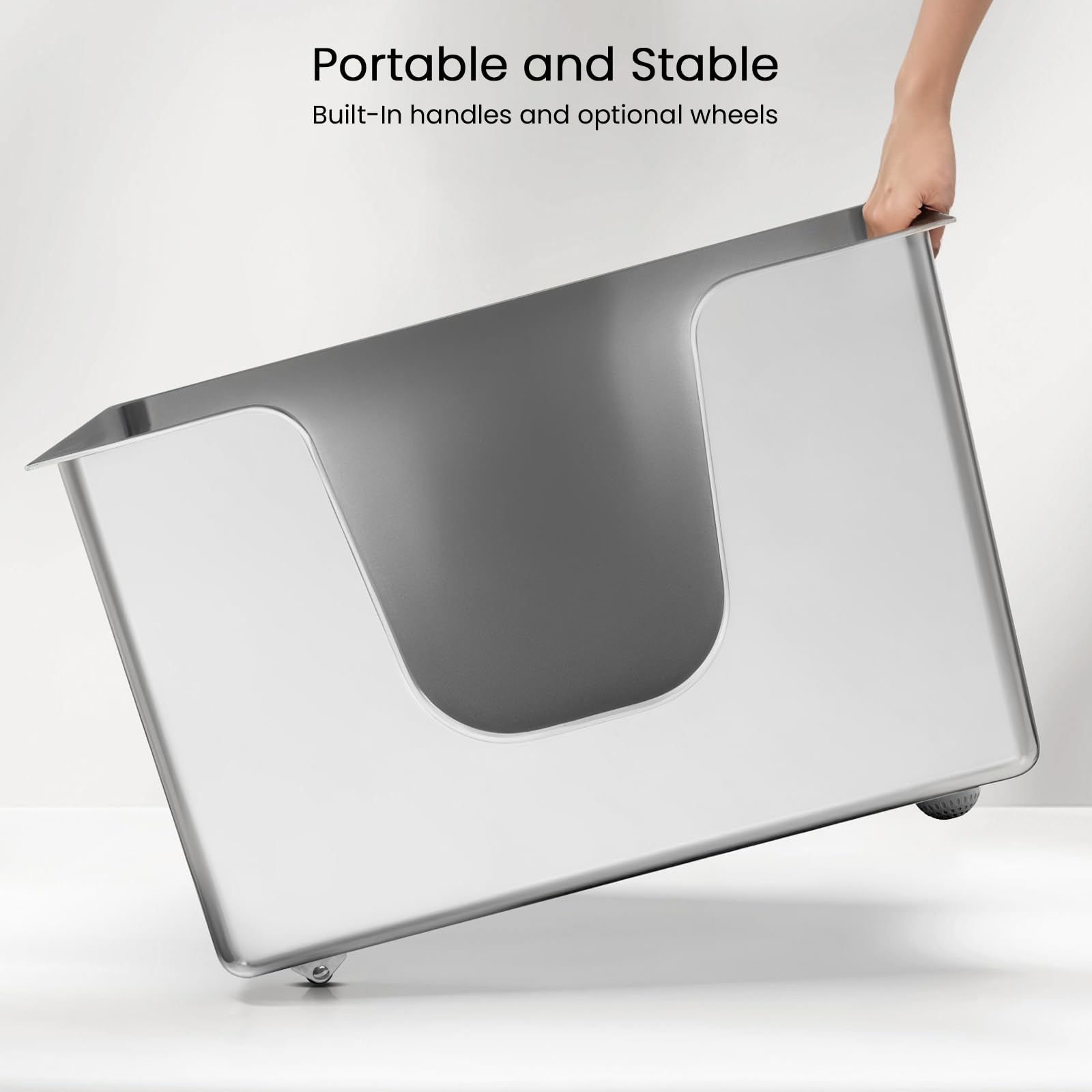 Stainless Steel Cat Litter Box 11.8” High Sides, Large Metal Litter Box with Low Entry for Big Cats, Leak-Proof Pet Toilet Kitty Litter Pan with Wheels for Mobility, Easy to Clean & Non-Stick - image 7