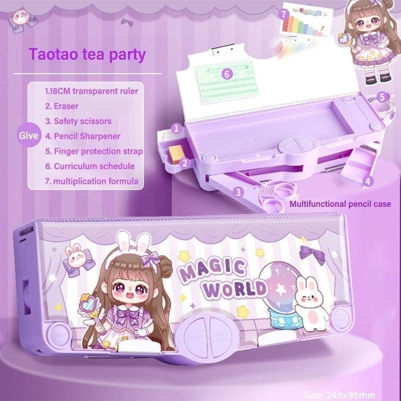 Image of Multifunctional Magnet School Pencil Box for Girls, Magic World Compass Box for Boys, Geometry Box for Kids, Ruler, Eraser and Sharpener, Magnetic Pencil Box