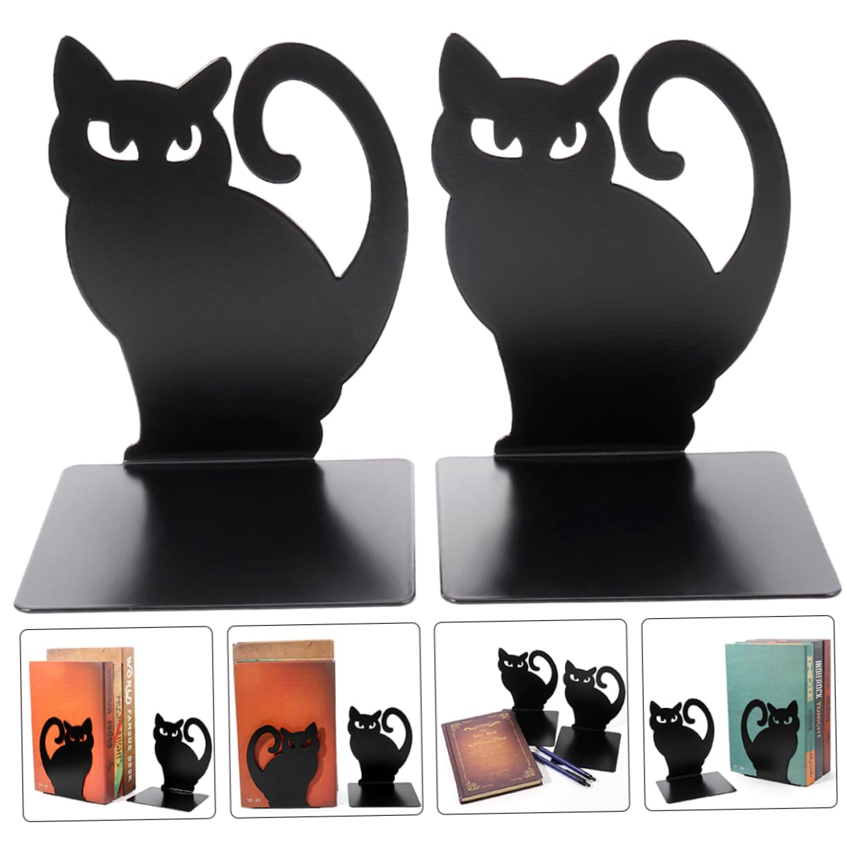 IMIKEYA Fermalibri Antiribaltamento a Forma di Gatto in Ferro Nero Set 2pezzi Organizer e Supporti Decorativi per Libri Adatti per Ufficio e Studio
