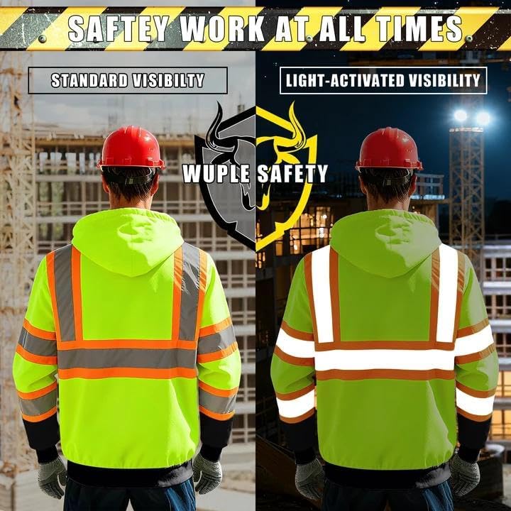 Hi Vis Safety Hoodie Class 3 High Visibility Sweatshirt for Men Reflective Zip Up Sweater with Black Bottom, Yellow, L - Image 3