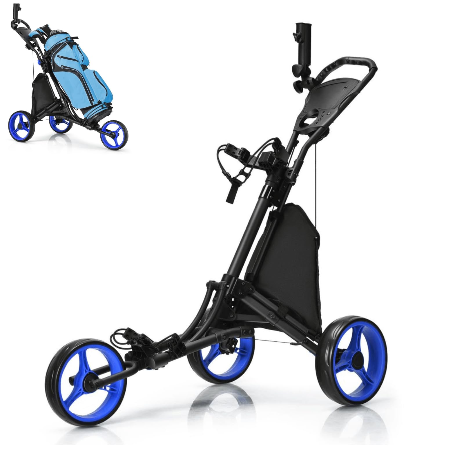 3 Wheel Golf Trolley, Folding Golf Cart with Storage Bag, Umbrella Holder, Foot Brake & Built-in Cooler, Portable Golf Push Trolley