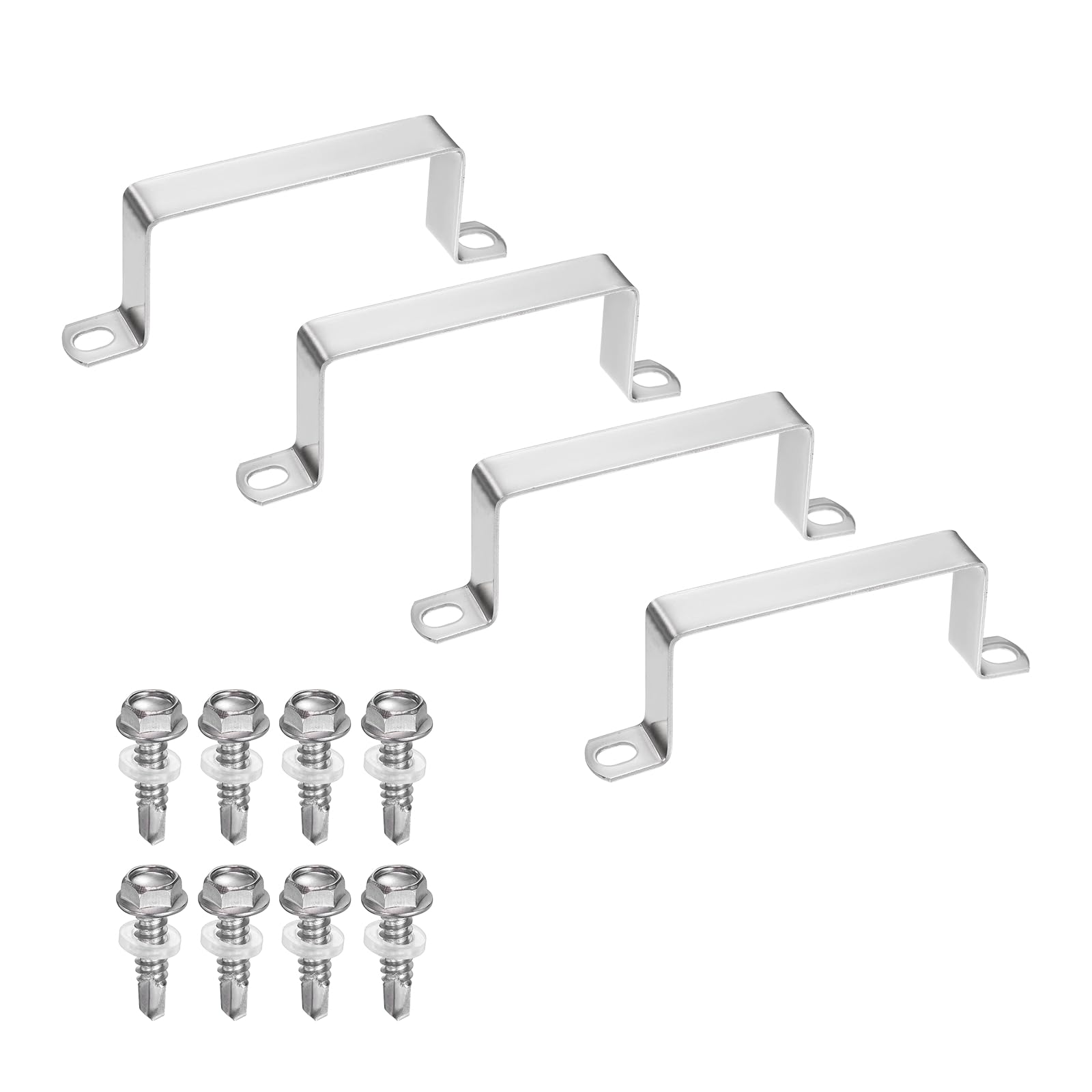 sourcing map 4set U Shaped Connector Bracket 95x45mm 304 Stainless Steel Square Pipe Clamp with Self Tapping Screw Square Tube Buckle for Pipe Hose Cable Automotive Parts, Silver