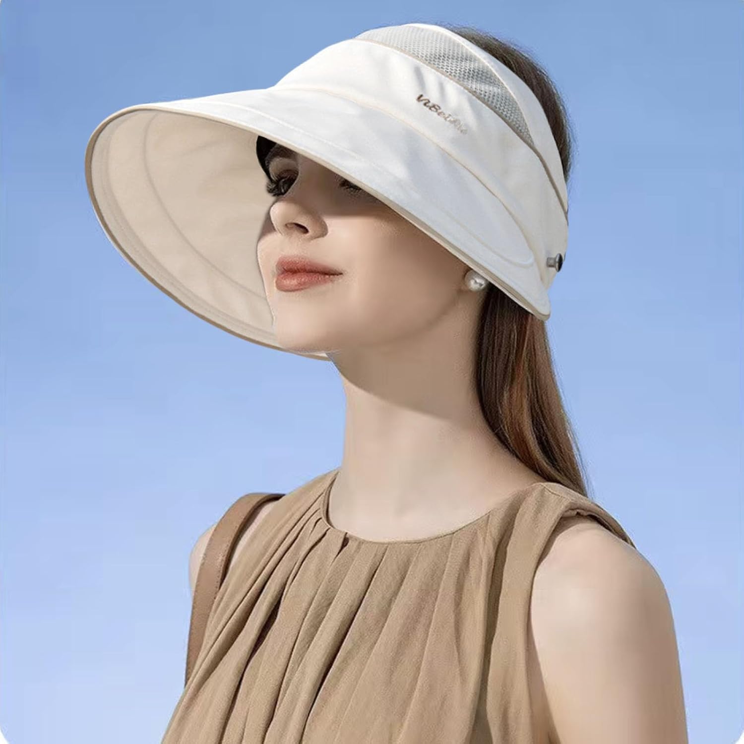 Summer Beach Hat Packable Floppy Wide Brim Sun Hat for Women Large Brim Visor Hats UV Protection Ponytail Cap Beige - Image 2