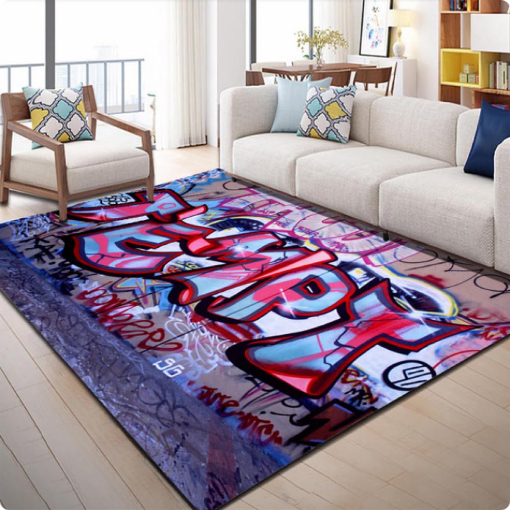 PEIHUODAN Tapis Chambre Ado 3D - Tapis Sol Gaming Imprimé Ciel étoilé Néon Graffiti & Console De Jeu - Flanelle Doux Antidérapant - pour Garçon Enfant (Navy,80x120cm