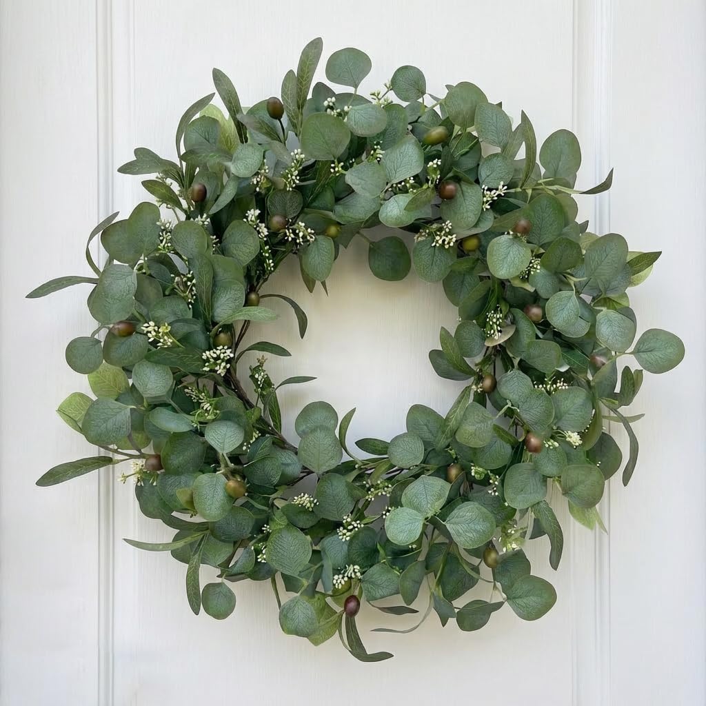 24 Inch Eucalyptus Wreath for Front Door, Large Artificial Greenery Wreaths with Olive Leaves and Berries, Farmhouse Spring Summer Decor for Porch, Wall, Window, All Season