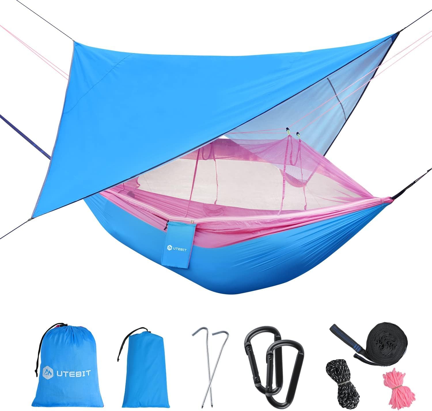 UTEBIT Camping Hammock, Single & Double Portable Hammocks with Mosquito Net, Rainfly Cover, Camping Accessories with Tree Straps for Hanging Outdoor, Indoor, Patio, Backyard (Blue&Pink)
