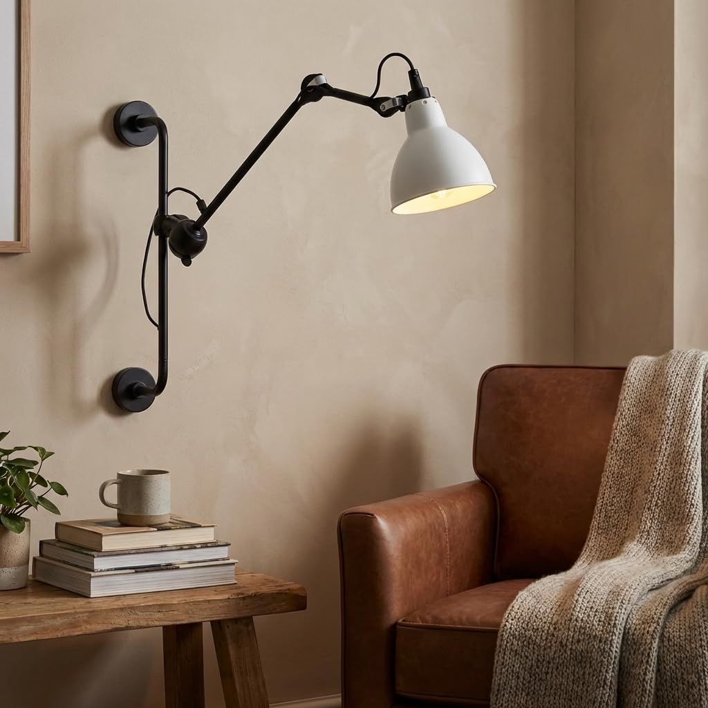 Aplique de pared articulado industrial RUBY 210 con enchufe E27, lámpara de pared orientable 360°, brazo ajustable estilo loft para dormitorio, estudio, oficina, salón o restaurante