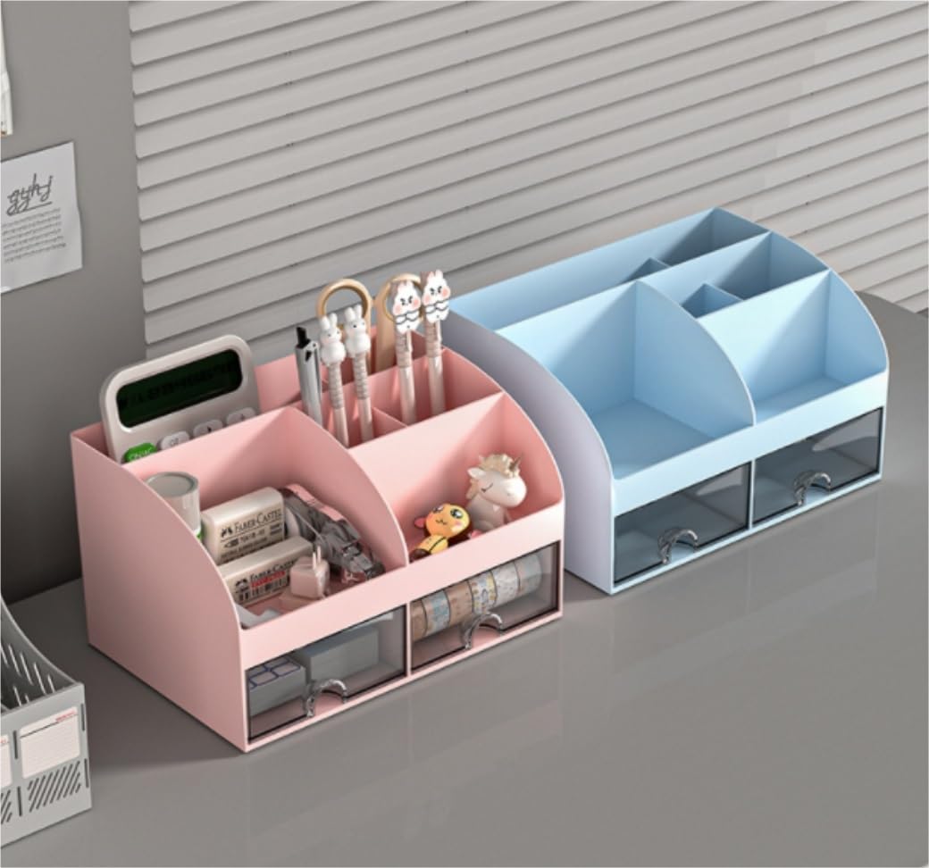 Organizzatore Scrivania Organizer da Scrivania E Accessori con 6 Scomparti 2 Cassetti Portapenne in Plastica per per Trucchi Ufficio(A)