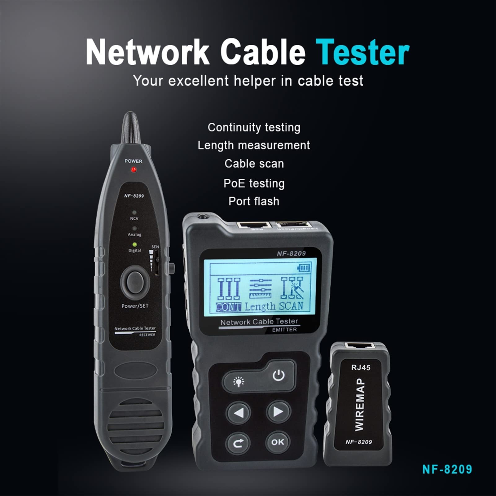 Cable Tracker LAN Mostrar MEDIDA Tester Herramientas de red LCD Pantalla Mida Longitud Tester WirEMAP NF-8209(8209)