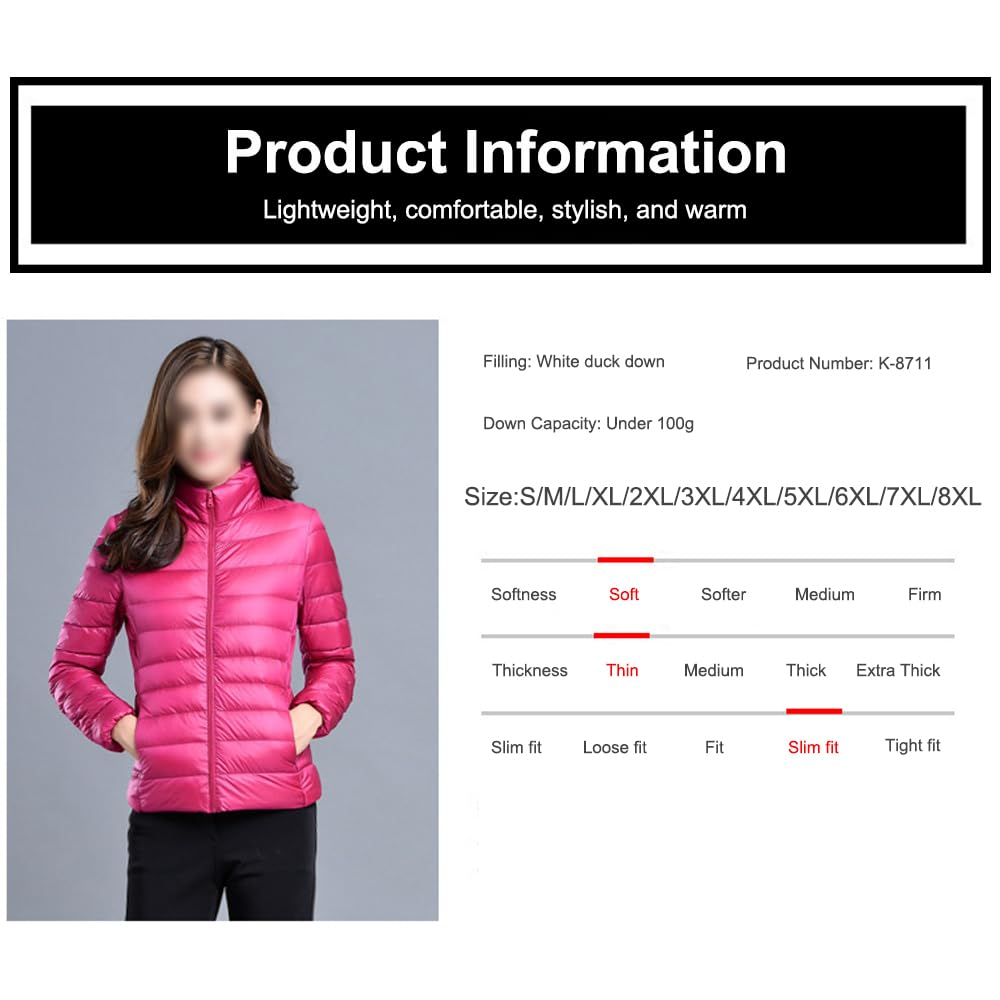 Chaqueta de plumón Ligera y compacta de Invierno para Mujer, Acolchada, con Cuello Alto, Cortavientos, cálida y de montaña, Corte Entallado.